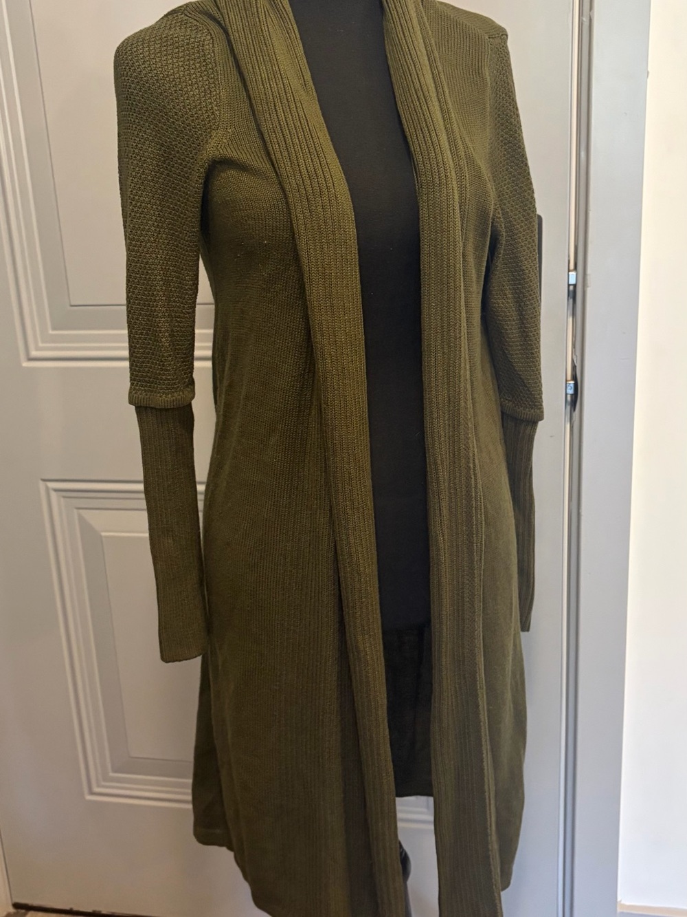 New York & Company Olive Open-Front Duster Cardigan